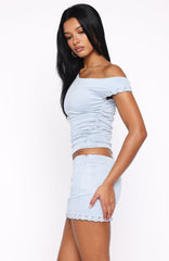 Sweetest Love Faux Suede Off Shoulder Top Blue