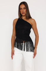 Even Better One Shoulder Fringe Top Black