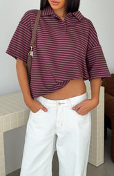 Pure Intent Oversized Short Sleeve Polo Shirt Choc / Pink Stripe