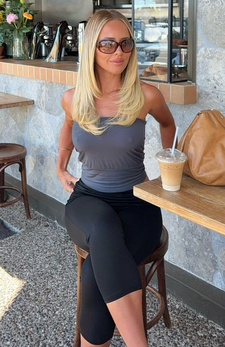 Don't Talk Cinched Waist Strapless Top Charcoal