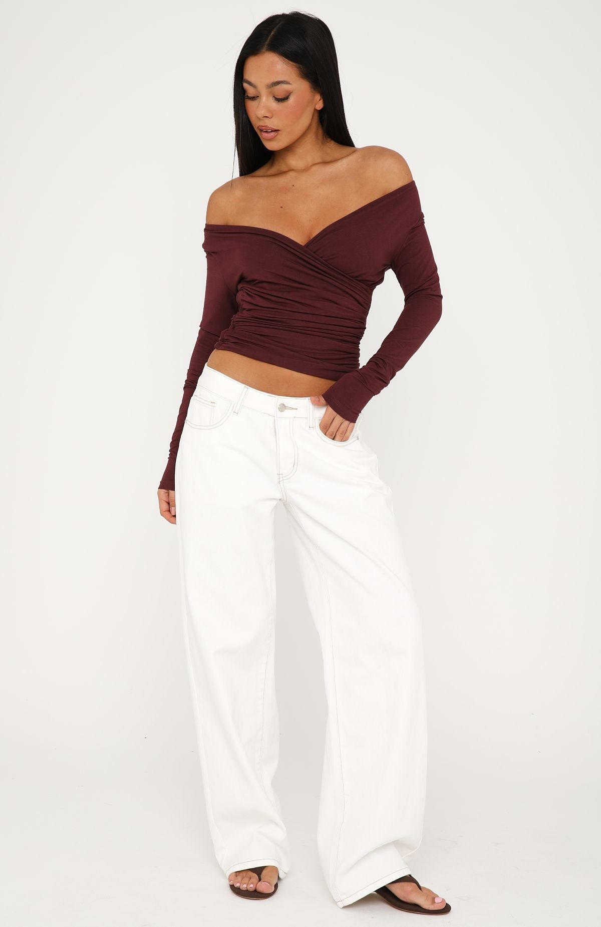 Sparks Fly Cinched Waist Off Shoulder Long Sleeve Top Cherry Chocolate