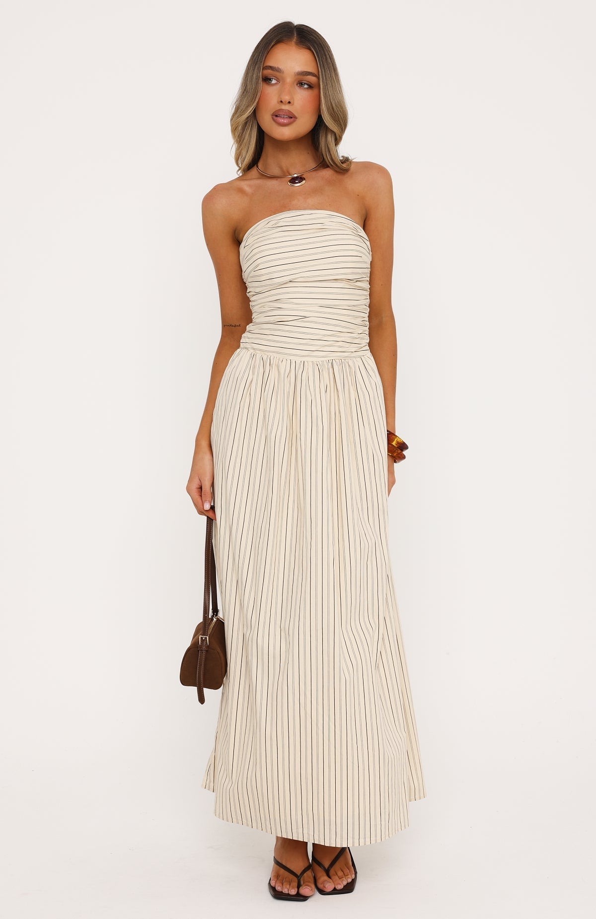 Blush Of Fate Strapless Maxi Dress Cream/Chocolate Stripe