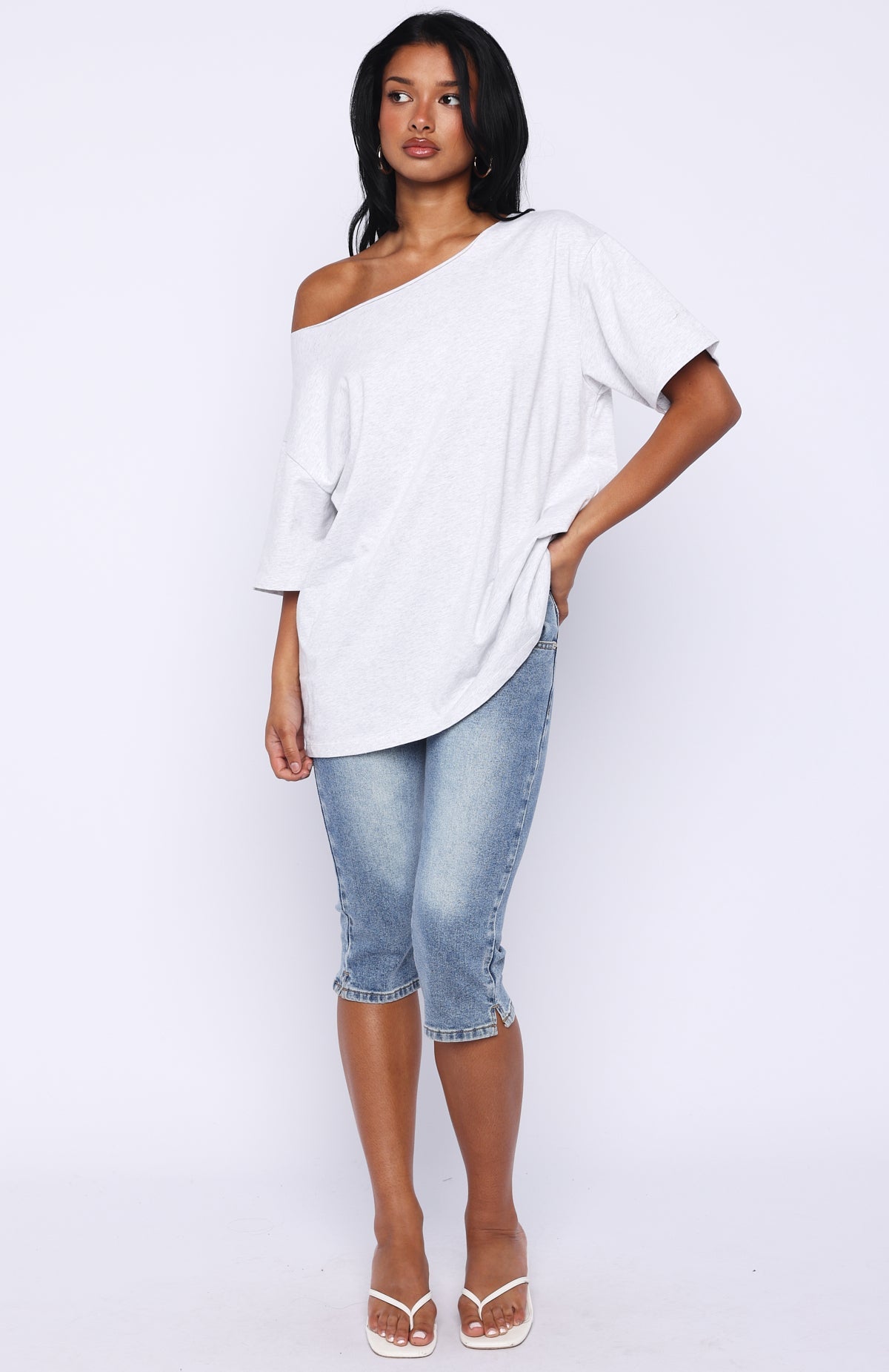 Give Me Options Off Shoulder Tee Light Grey Marle